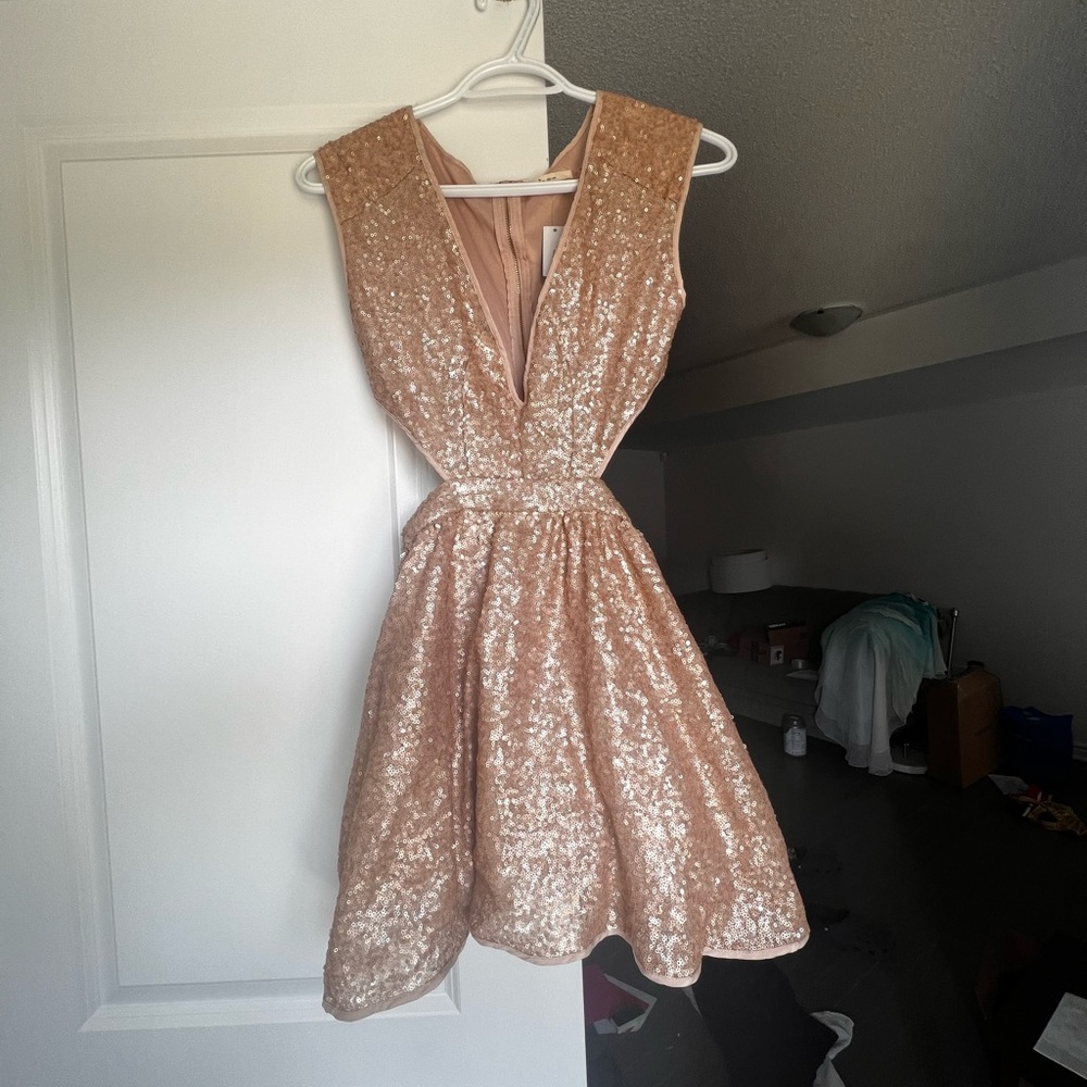 Champagne Sequin Low V with side cut outs